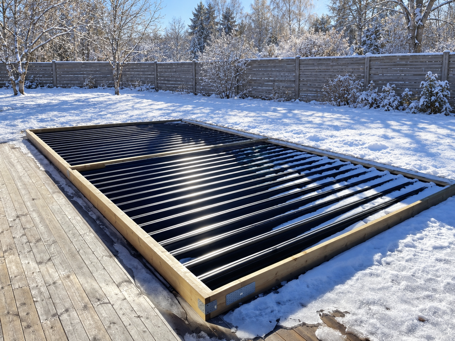 Svartlackade vinterplåtar över pool med snö under vintern.