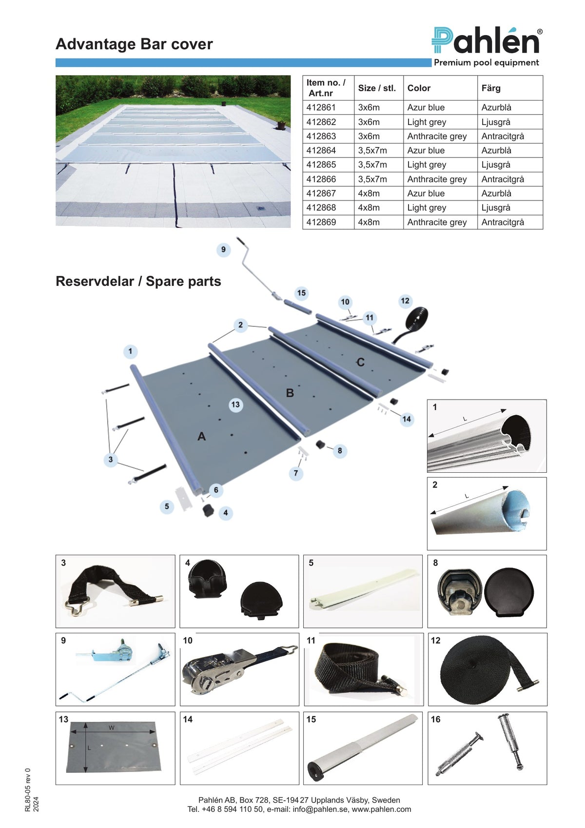 Pahlén Advantage Bar Cover – sprängskiss och referensbild för reservdelar. Komplett utrustning ingår inte.