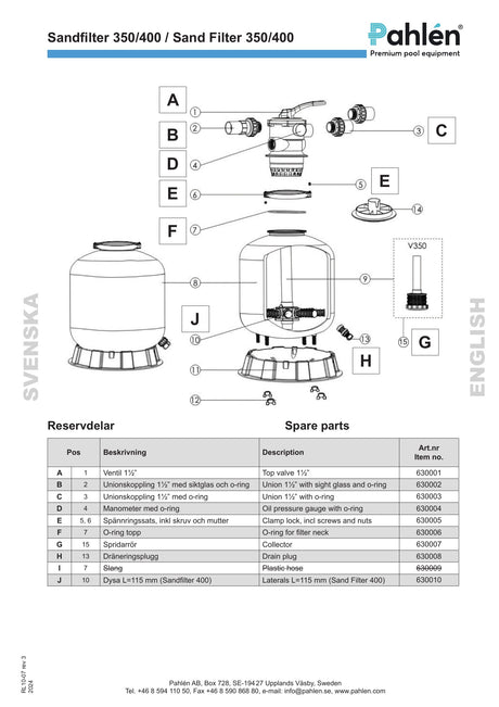 Pahlén sandfilter 350 / 400 – sprängskiss och referensbild för reservdelar. Komplett utrustning ingår inte.