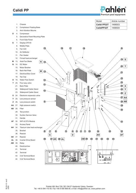 Pahlén Calidi PP22T / PP32T – sprängskiss och referensbild för reservdelar. Komplett utrustning ingår inte.